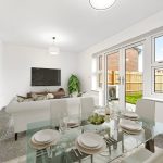 Modern dining and living room with garden view