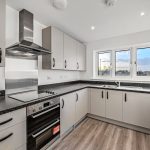 Modern kitchen with white cabinets and black countertops.