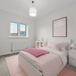 Cosy bedroom with pink decor and soft furnishings.