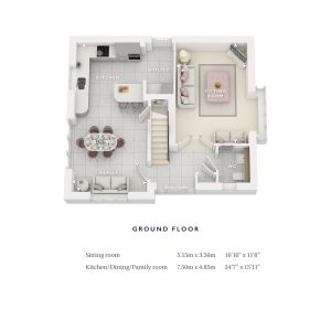 3D ground floor plan with dimensions labeled.