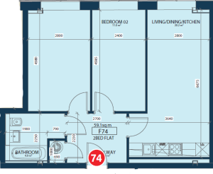 Two-bedroom flat floor plan layout.