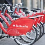 Row of Santander rental bikes on street