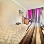 Cosy bedroom with desk and modern decor.