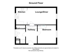 Ground floor plan with kitchen, lounge, bedroom, bathroom.