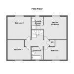 First floor plan with four bedrooms layout.