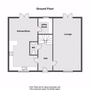 Ground floor layout with kitchen, lounge, WC, utility.