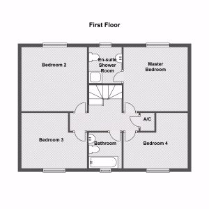 First floor layout with bedrooms and bathrooms.
