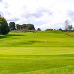 Golf course with players and trees in background.