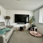 Modern living room with grey sofa and TV.