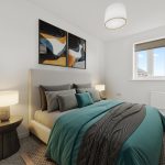 Modern bedroom with teal bedding and abstract art.