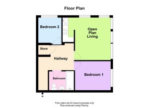 Two-bedroom flat floor plan with open living area.