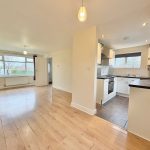 Modern kitchen and living room with wooden flooring.
