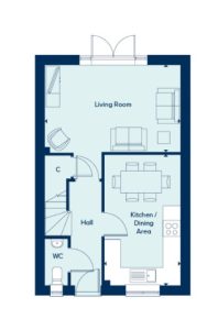 Ground floor house plan with kitchen and living room.