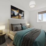 Modern bedroom with abstract art and teal bedding.