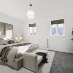 Elegant bedroom with grey carpet and stylish decor.