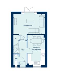 Ground floor layout with kitchen, living room, WC.