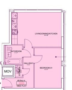 One bedroom flat floor plan with dimensions.