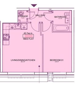 One-bedroom flat floor plan with storage and bathroom.