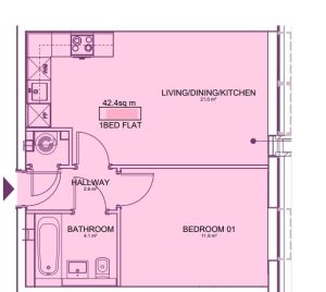 One-bedroom flat floor plan, kitchen and bathroom included.