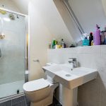 Modern bathroom with shower, sink, and toiletries.