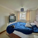 Cosy bedroom with cat on bed.