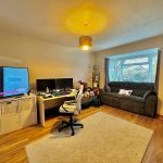 Cosy living room with desk and sofa.