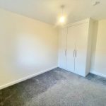 Empty room with white wardrobe and grey carpet.