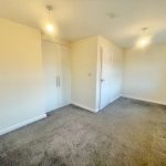 Empty room with beige walls, carpet, and wardrobe.