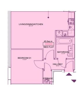 One-bedroom flat floor plan layout.