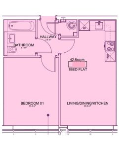 One-bedroom flat floor plan with measurements.