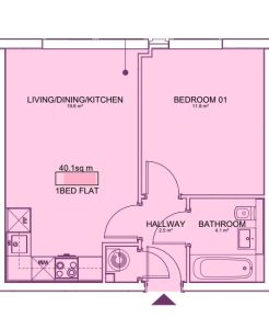 Floor plan of one-bedroom flat layout.