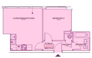 One-bedroom flat floor plan with dimensions.