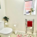 Modern bathroom with plants and red towel.