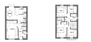 Two-storey house floor plans with rooms labelled.