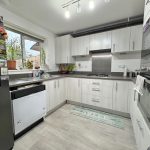Modern kitchen with white cabinets and plants.