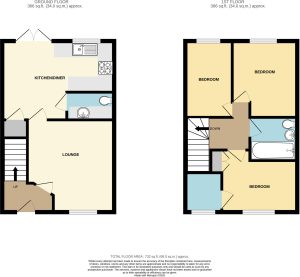 Two-storey house floor plan with three bedrooms.