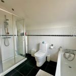 Modern bathroom with shower, toilet, and bathtub.
