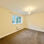 Empty carpeted room with window and light fixture.