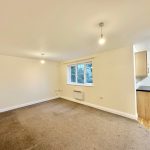 Empty beige living room with window and kitchen