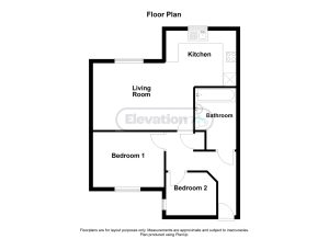 Two-bedroom flat floor plan with kitchen and bathroom.