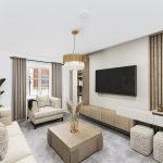 Modern living room with beige decor and chandelier.