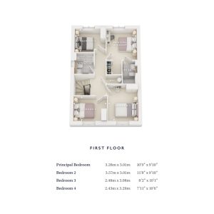 First floor plan with four bedrooms and bathrooms.
