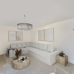 Modern living room with grey sofa and decor.