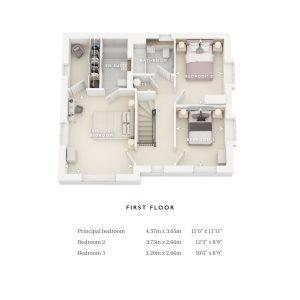 First floor plan with three bedrooms and bathrooms.