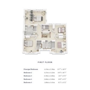 3D first floor plan with five bedrooms.