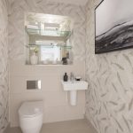 Modern bathroom with fish-themed wallpaper.