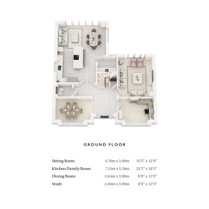 Ground floor plan with room dimensions listed.