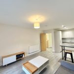 Modern open-plan living room and kitchen in flat.