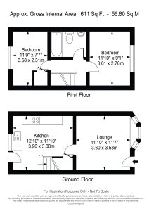 Two-bedroom house floor plan, first and ground floor
