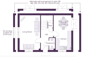 Ground floor layout plan with living room, kitchen.